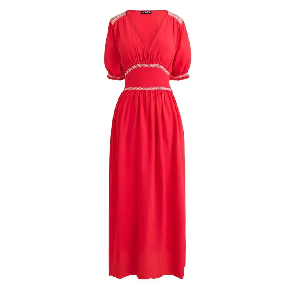 J.CREW 2025 Smocked Trim Midi Dress Crepe de Chine Red 8 M Peasant Boho Feminine